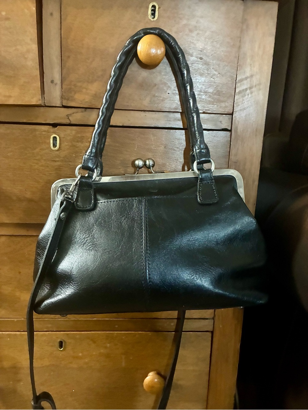 Classic Black Leather Frame-Top Handbag